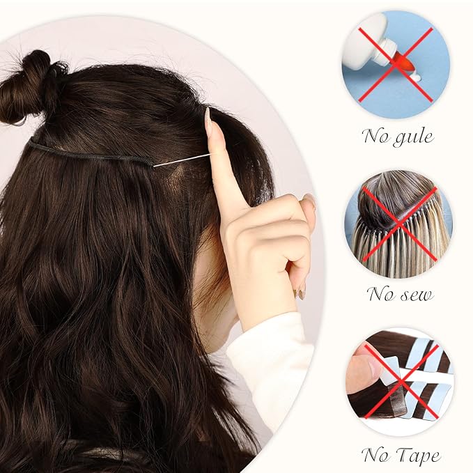 MORICA Invisible Wire Hair Extensions - 20 Inch Halo Hair Extensions Dark Brown Mixed Light Brown Long Wavy Synthetic Hairpiece with Transparent Wire Adjustable Size, 4 Secure Clips for Women
