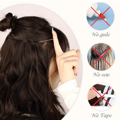 MORICA Invisible Wire Hair Extensions - 20 Inch Halo Hair Extensions Dark Brown Mixed Light Brown Long Wavy Synthetic Hairpiece with Transparent Wire Adjustable Size, 4 Secure Clips for Women