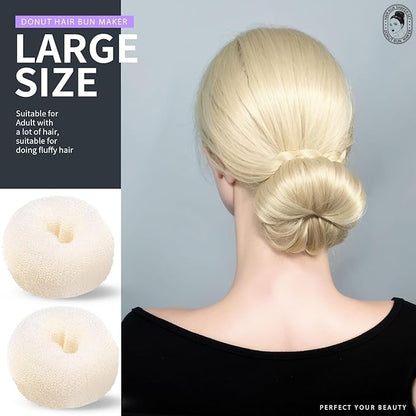 Teenitor Hair Bun Maker Set - 7 Hair Donut for Buns (1 Extra-Large, 2 Large, 2 Medium, 2 Small), 5 Elastic Bands, 20 Hair Pins, Cream White Color