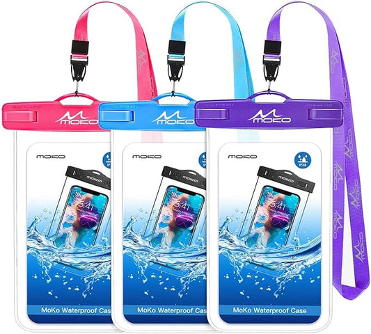 MoKo Waterproof Phone Pouch 3Pack, Underwater Phone Case Dry Bag with Lanyard Compatible with iPhone 16 14 13 12 11 Pro Max X/Xr/Xs Max/SE 3, Galaxy S21/S10/S9, Note 10/9/8