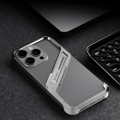 Lightweight Aluminum Alloy Shockproof Frame Case for iPhone 15 Pro Max Metal Bumper Cover with Hidden Stand (Gray)