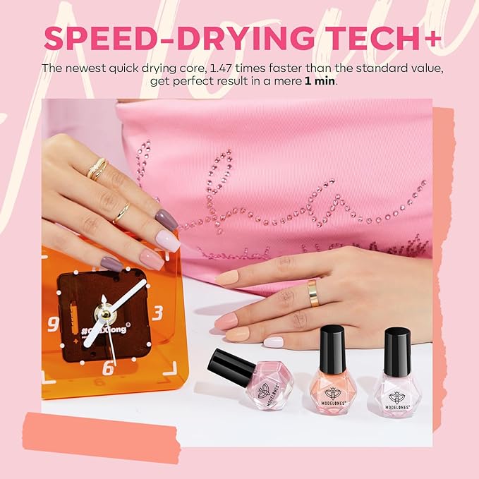 MODELONES Nail Polish Set, 6 Colors Natural Nude Nail Polish Bubble Bath Quick Dry Skin Tone Glitter Spring Summer Nail Polish Kit Fingernail Polish Nail Art Salon Home Easter Gifts For Women Girl