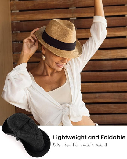 FURTALK Fedora Straw Sun Hat for Men Women Foldable Roll Up Short Brim Trilby Hat Panama Beach Hat UPF 80+