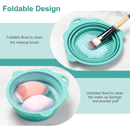 Makeup Brush Cleaner, Etercycle Foldable Silicone Brush Cleaner Bowl Srubber, Portable Washing Tools for Makeup Brush,Powder Puff,Sponge (Green)