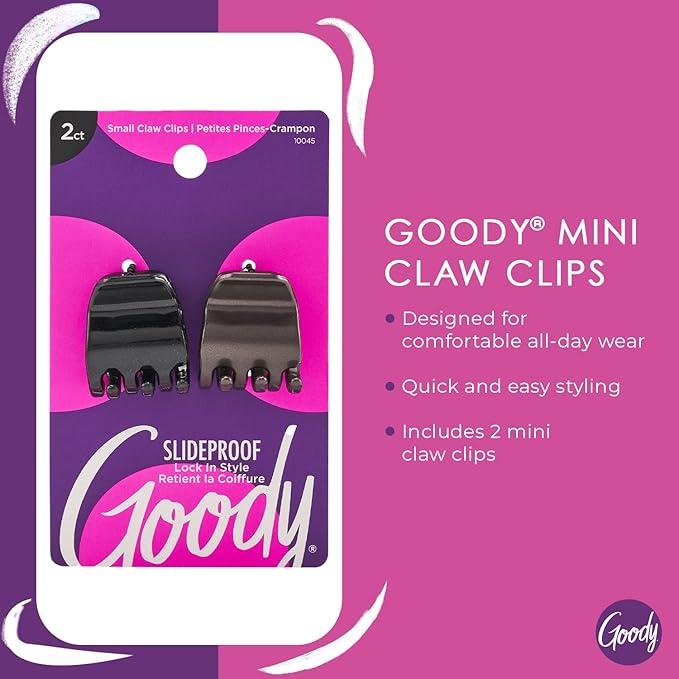 Goody SlideProof Mini Claw Clips, 2 Ct, Black/Brown, Secure Grip for Quick & Easy Hairstyles, Chic Hair Styling Accessories for Women, Men, Boys & Girls, Suitable for All Occasions, All Hair Types