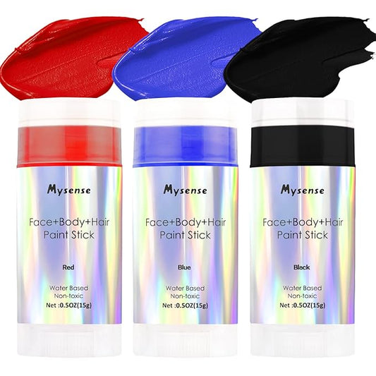 Mysense Face Body Hair Paint Stick Set,Water Based Washable Temporary Hair Color,Non-toxic Cream Body Paint for Adults and Children Halloween Cosplay SFX Makeup,Red+Blue+Black,0.5oz/pc