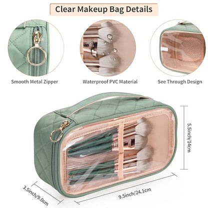 OCHEAL Clear Makeup Bag, Portable Storage Organizer Cosmetic Travel Bag Cute Pouch For Women and Girls Cosmetics Bags with Divider Brush Compartment-Green Rhombic b03_Green Rhombic