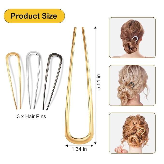 3 Pcs French Hair Pin for Women, 5.5 Inch Metal U-Shaped Hair Clip for Thick Hair, Hair Pins Suitable for Different Hairstyles (Black, Gold, Silver)