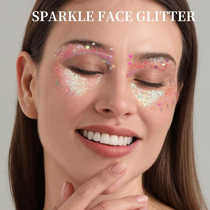 FANDAMEI Face Glitter, 2 Gel Palette 18 Grids, Body Hair Glitter for Kids Women for Makeup, Halloween Rave Concert Face Paint Glitter