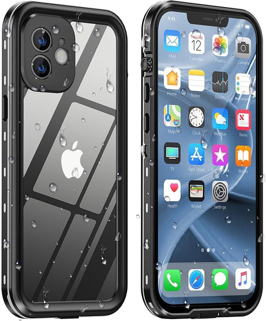 Design for iPhone 12 Case Waterproof, Full Body Underwater Dustproof Shockproof Case Built-in Screen Protector (Clear, 12-6.1)
