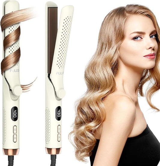 360° Airflow Styler Curling Iron, 1.25 Inch Hair Straightener and Curler 2 in 1, LED Display Curling Flat Iron with Cooling Air Vents to Lock in Style, Adjustable Temp Curling Wand (White)
