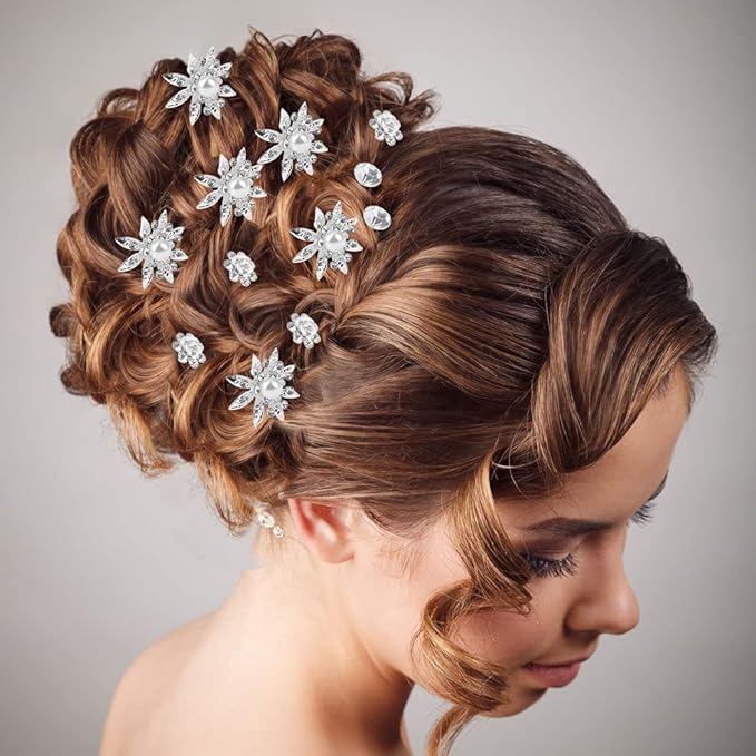 40 Pieces Bridal Hair Pins, Clips and Barrettes with Crystal Pearl Flowers, Women's Proms Hair Jewelry Accessories, Gift Stocking Stuffers for Girls