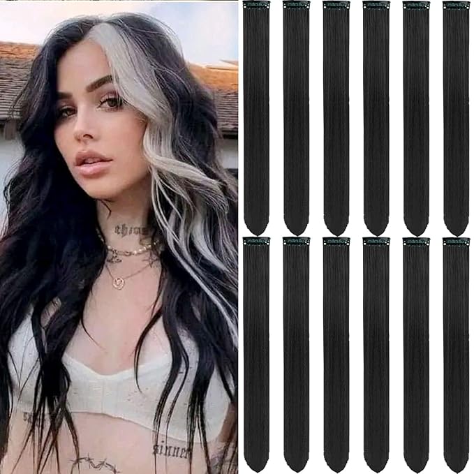 12 PCS Black Hair Extensions Clip in, 22 Inch Colored Hair Extensions Party Highlights Long Straight Synthetic Hairpieces for Women Kids Girls