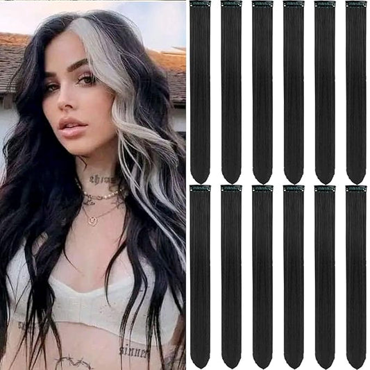 12 PCS Black Hair Extensions Clip in, 22 Inch Colored Hair Extensions Party Highlights Long Straight Synthetic Hairpieces for Women Kids Girls