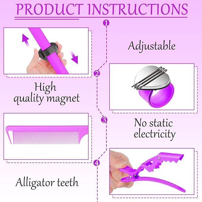 22 Pieces Magnetic Wrist Sewing Pincushion with Braiding Tools, Stainless Steel Pintail Rat Tail Comb, Wide Teeth Alligator Sectioning Clip, and Hair Parting Ring for Hair (Purple)