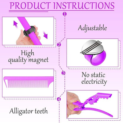 22 Pieces Magnetic Wrist Sewing Pincushion with Braiding Tools, Stainless Steel Pintail Rat Tail Comb, Wide Teeth Alligator Sectioning Clip, and Hair Parting Ring for Hair (Purple)
