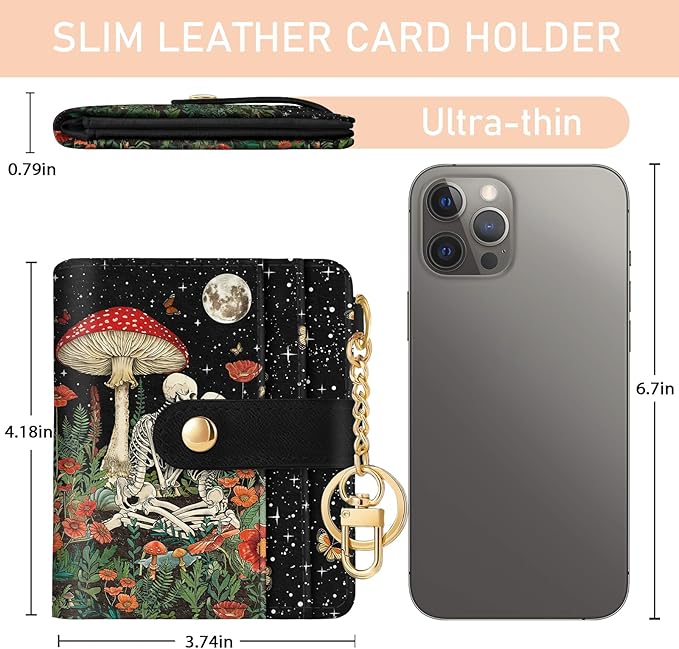 Mushroom Skull Rfid Ladies Wallet, Small Slim Thin Compact Credit Card Women Wallet, Skeleton Goth Horror PU Leather Bifold Zipper Coin Pocket for Female