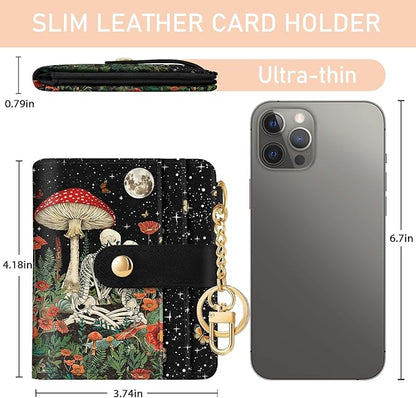 Mushroom Skull Rfid Ladies Wallet, Small Slim Thin Compact Credit Card Women Wallet, Skeleton Goth Horror PU Leather Bifold Zipper Coin Pocket for Female
