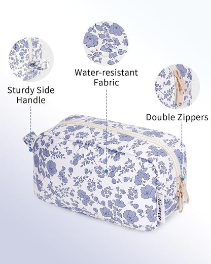 Narwey Small Makeup Bag for Purse Travel Makeup Pouch Mini Cosmetic Bag Zipper Pouch for Women (Little Grayish Blue Flower, Small)