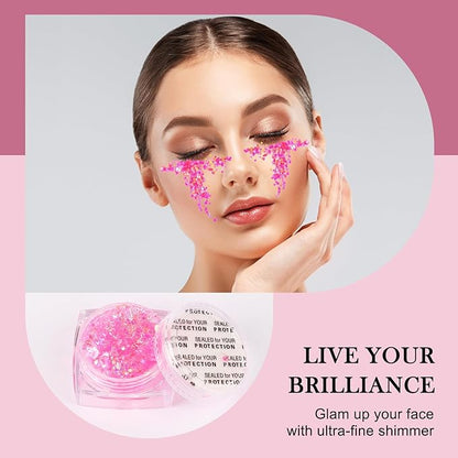 Glitter Body Face Hair Makeup Festival Gel, 6 Shapes Clear Pink Rave Glitter Face Pain Glitter Eyeshadow for Kids Women Girls Singer Concerts Festival Rave Accessories
