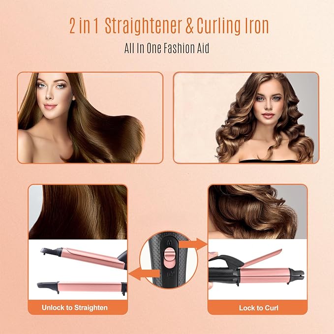2 in 1 Flat Iron Curling Iron in One, Travel Hair Straightener and Curler Dual Voltage Mini Straightener Curler Combo with 1 Inch Ceramic Plate Rose Gold
