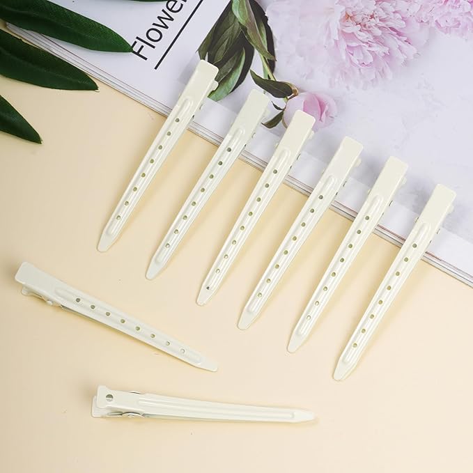 24 Packs Duck Bill Clips, Bantoye 3.35 Inches Rustproof Metal Alligator Curl Clips with Holes for Hair Styling, Hair Coloring, White