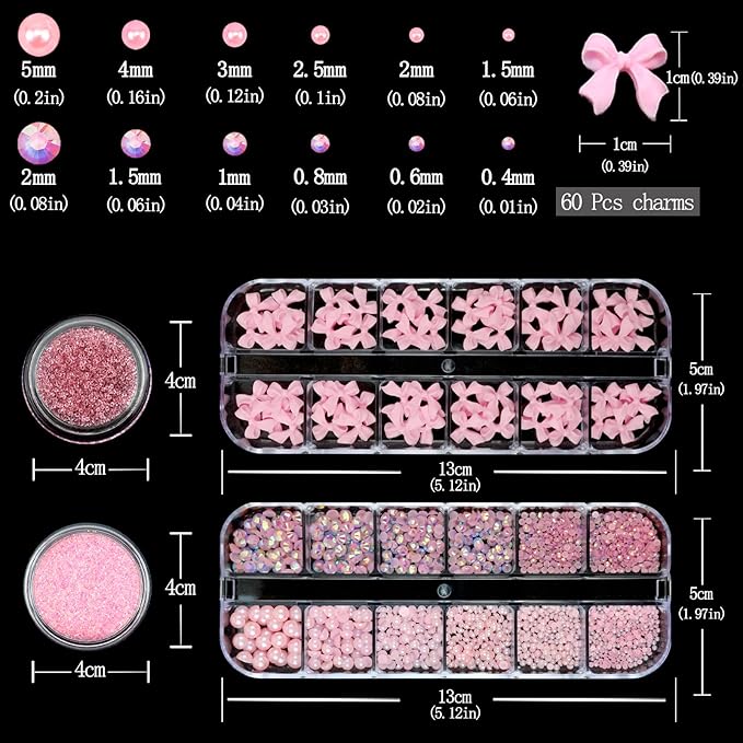 Nail Art Rhinestones Pink Bows Nail Charms Resin Clear Jelly Rhinestones Pearls Glitter Supplies Crystal Gems Mimi Diamond Accessories for Women Manicure Decorations Design
