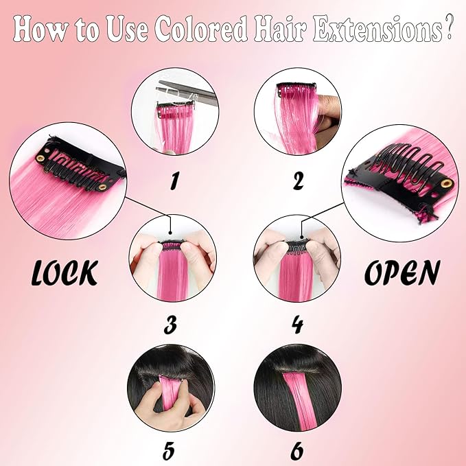 12 PCS Pink Hair Extensions Clip in, 20 Inch Colored Hair Extensions Party Highlights Long Straight Synthetic Hairpieces for Women Kids Girls Cosplay