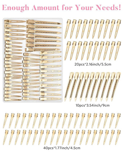 MORGLES 70PCS Metal Hair Roller Clips Bulk with A Organizer Box 3 Sizes Duck Billed Hair Clips with 2Pcs Pink Rat Tail Combs for Parting