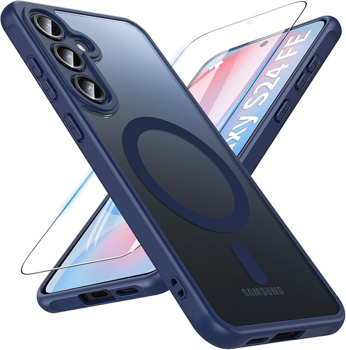 OWKEY for Samsung Galaxy S24 FE Case 6.7'', Magnetic Galaxy S24 FE Case for Magsafe with Tempered Screen Protector [Shockproof Military] Translucent Matte Bumper Phone Cover Samsung S24 FE 5G, Blue