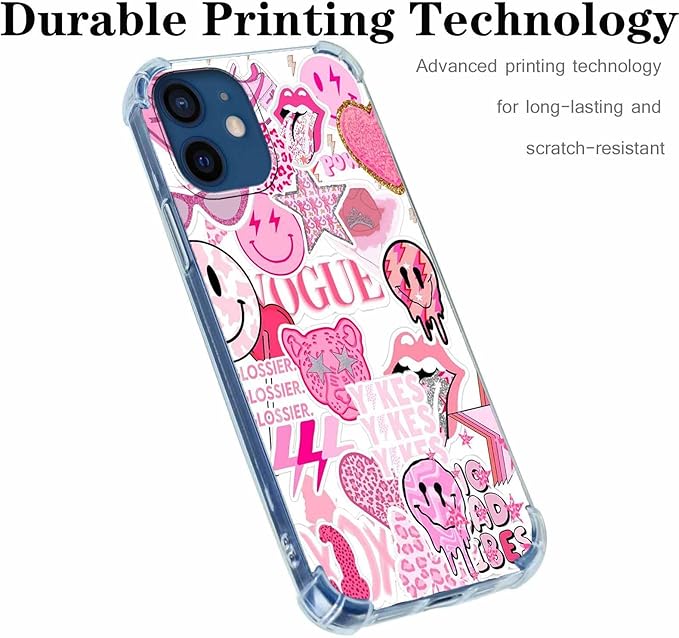 Case for iPhone 12/12 Pro with Pink Design,Aesthetic Hippie Indie Popular Elements Pattern,Shockproof Soft TPU Bumper Phone Cover(12,Pink)