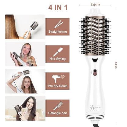 One Step Dryer & Volumizing Hot Air Brush, Blow Dryer, Ceramic Straightener, Curler & Hot Comb 4 in 1 Salon Ionic Hair Styling Tools, White