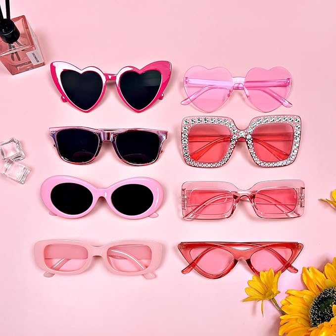 Pibupibu 8 Pack Pink Sunglasses for Women Collection Trendy Cute Costume Accessories Eyewear Set (Transparent/Solid/Mix)