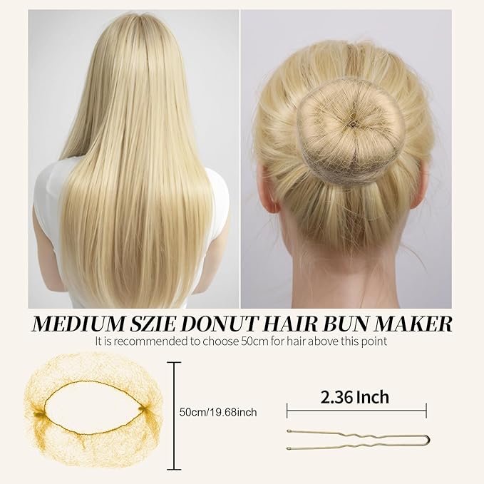 Teenitor Hair Bun Maker Kit, 4pcs Medium Size Donut Bun Maker, 10pcs 50cm Invisible Hair Nets, 10pcs 6cm Hair Bobby Pins, Hair Bun Shaper Set, Beige