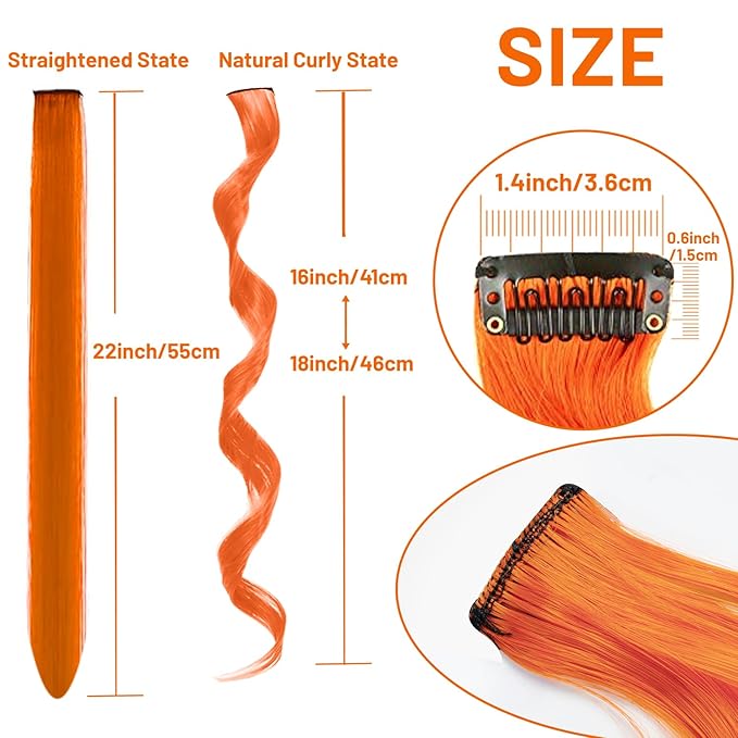 16 Pcs Colored Hair Extensions Curly Wavy Clip in Synthetic Hairpiece Streak for Girls Women Kid, Multi-colors Party Highlights Cosplay Festival Gift(Orange)