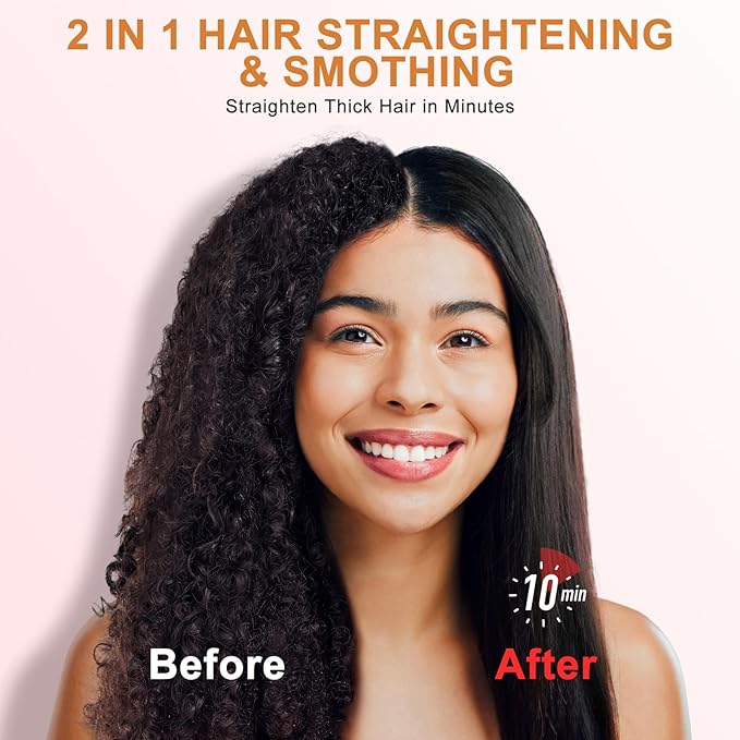 Nimmu Hair Straightener Brush, Hair Straightening Brush Flat Iron for Women with 5 Temps, Ceramic Straightener Comb Fast Heating for Home Salon, Double Heating Plate & Dual Voltage, Pink