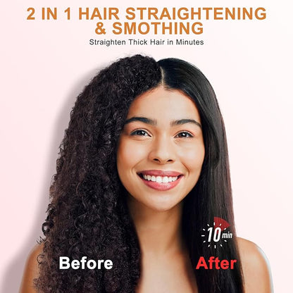 Nimmu Hair Straightener Brush, Hair Straightening Brush Flat Iron for Women with 5 Temps, Ceramic Straightener Comb Fast Heating for Home Salon, Double Heating Plate & Dual Voltage, Pink