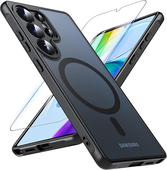 OWKEY Samsung Galaxy S25 Ultra Case 6.86'', Magnetic S25 Ultra Case for Magsafe with Tempered Glass Screen, [Shockproof Military] Translucent Back Slim Bumper Cover Phone Case Galaxy S25 Ultra, Black