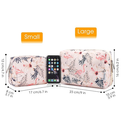 Narwey Small Makeup Bag for Purse Mini Cosmetic Bag Travel Makeup Pouch Zipper Pouch Cute Make up Bags with Compartments for Women Girls (Beige Flamingo, Small)