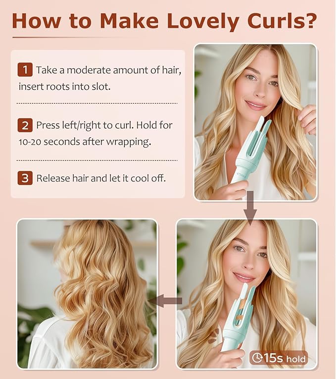 Auto Hair Curler, Automatic Curling Iron with 4 Temperature & 3 Timer, Automatic Shut-Off, Anti-Scald, Anti-Tangle Rotating Curling Wand for Hair Styling, Blue