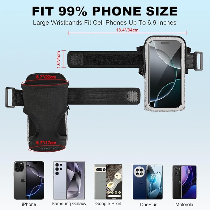 Armband for Phone for Runing, Wrist Phone Holder for Running for iPhone Pro Max Plus SE (16/15/14/13/12/11/X/XR) Galaxy S24/S23/S22/S21, Frearmband with Adjustable Strap & Card Slot(Grey