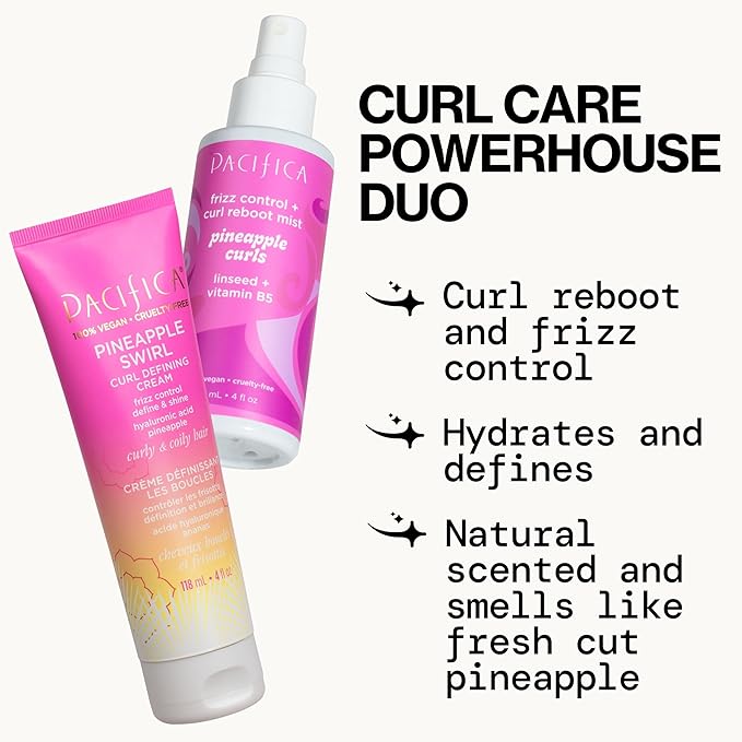 Pacifica Pineapple Swirl Curl Defining Cream for Curly Hair 4 oz – Frizz Control & Curl Enhancer Styling Cream for Curly & Wavy Hair Coconut Oil & Hyaluronic Acid Defines & Adds Bounce Without Crunch