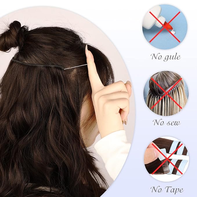 MORICA Invisible Wire Hair Extensions - 20 Inch Chocolate Brown Mix Ash Brown Long Wavy Synthetic Hairpiece with Transparent Wire Adjustable Size, 4 Secure Clips for Women