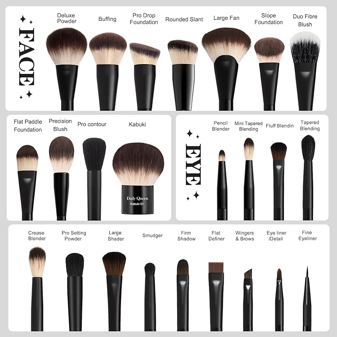 25 pcs Makeup Brush Set Holder Black Professional Kabuki Powder Concealers Eye shadows Blush Eyeliner Eyebrow Contour Eye blending Brushes