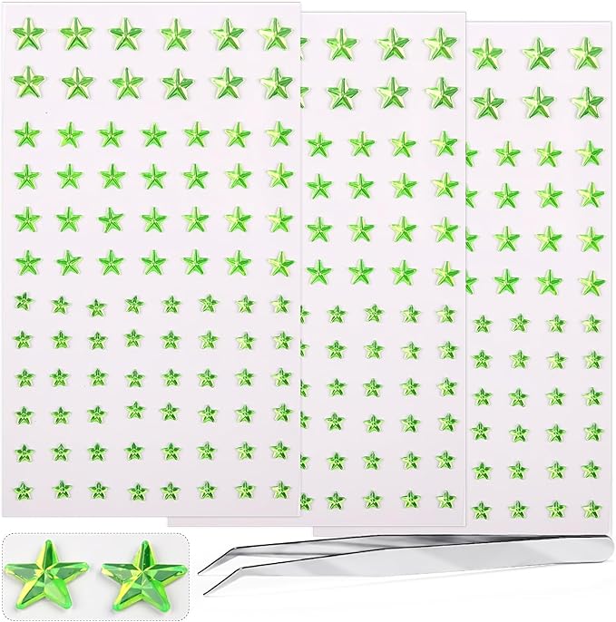 264Pcs Star Face Gems Eye Gems, Self-Adhesive Face Jewels Rhinestones 5/7/10 mm DIY Face Gems Stick on, Patriotic Makeup Gems Rave Accessories for Face Eyes Hair Makeup Body, Crafts (Green-Star)