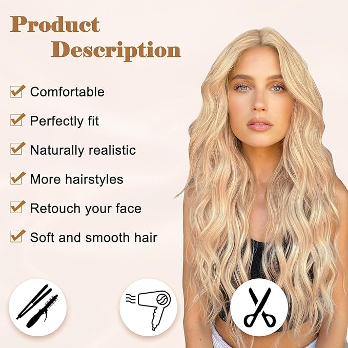 NAYOO Long Mixed Blonde Wavy Wig for Women 26 Inch Middle Part Curly Wavy Wig Natural Looking Synthetic Heat Resistant Fiber for Daily Party (Mixed Blonde)