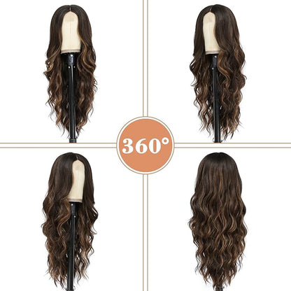 NAYOO 26 Inch Long Curly Middle Part Synthetic Heat Resistant Fiber Wig for Women - Daily Use Party Wig in Dark Brown