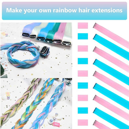 22 Inch Colored Hair Extensions 10 PCS, Colorful Party Highlights Clip in Synthetic Hair Extensions, Sky Blue/Light Pink Hairpieces for Girls Women Kids Doll Party Cosplay Gifts
