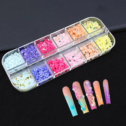3D Pink Pastel Acrylic Flower Nail Charms - Mixed Rhinestones Kit with Gold Caviar Beads & Crystal AB Color Gems
