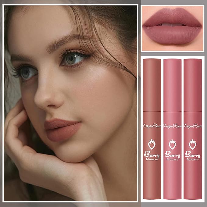 3 Piece Nude Matte Lipstick Set,Natural Velvet Air Moisture Smooth Crayon Lip Stain,Ultimate Nourishing Matte Lipstick 24 Hour Long Lasting Lip Gloss Lipstick for Women Makeup(Set D)